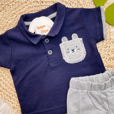 Conj. Camisa Gola Polo Leãozinho e Bermuda - Marinho e Mescla